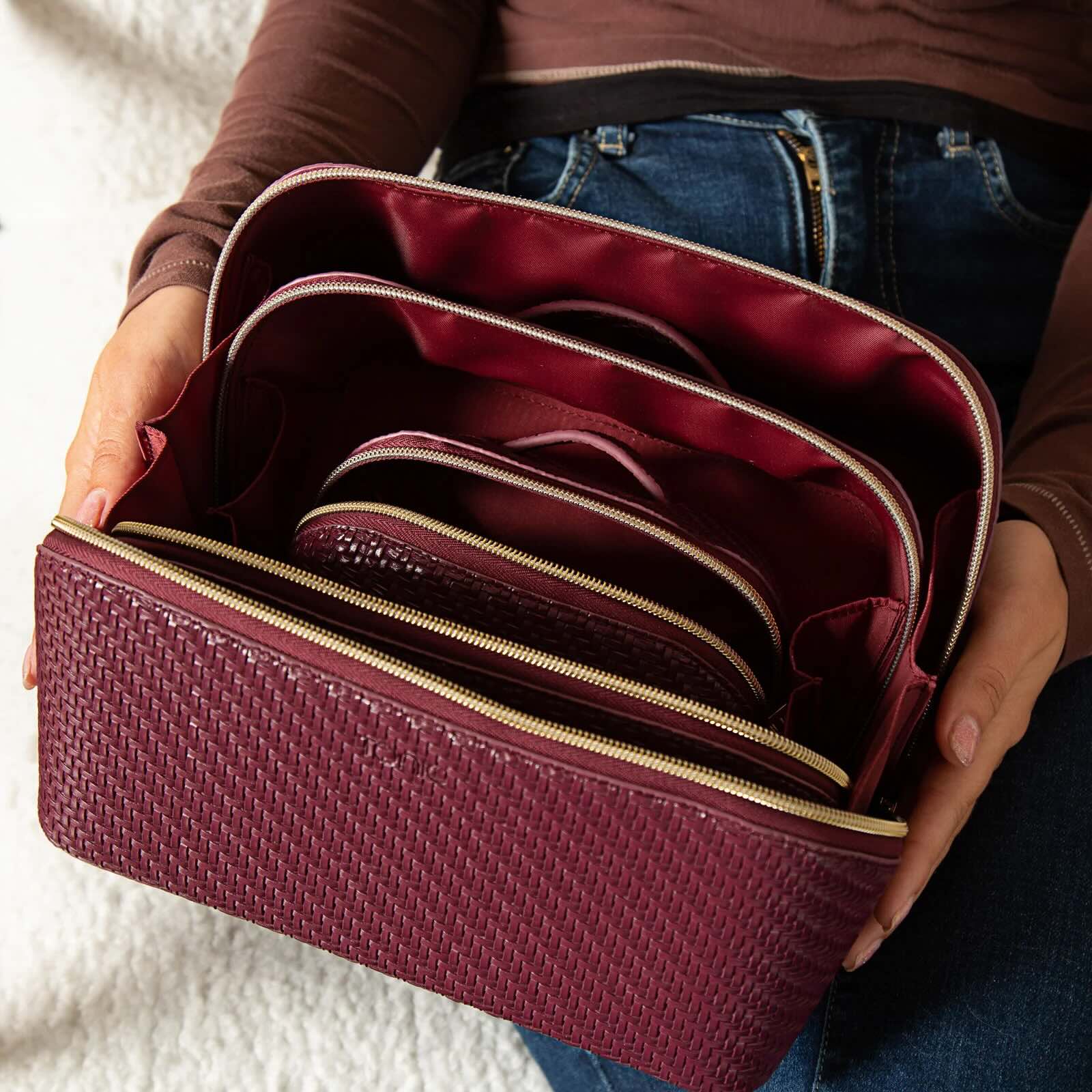 Herringbone Beauty Bag - Small Plum