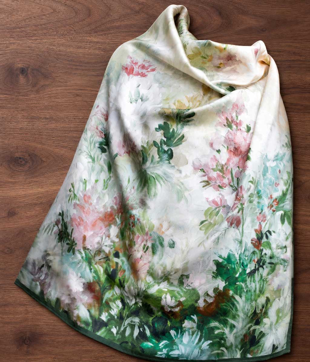 Giverny Silk Scarf 90x90 - Sage Green Floral