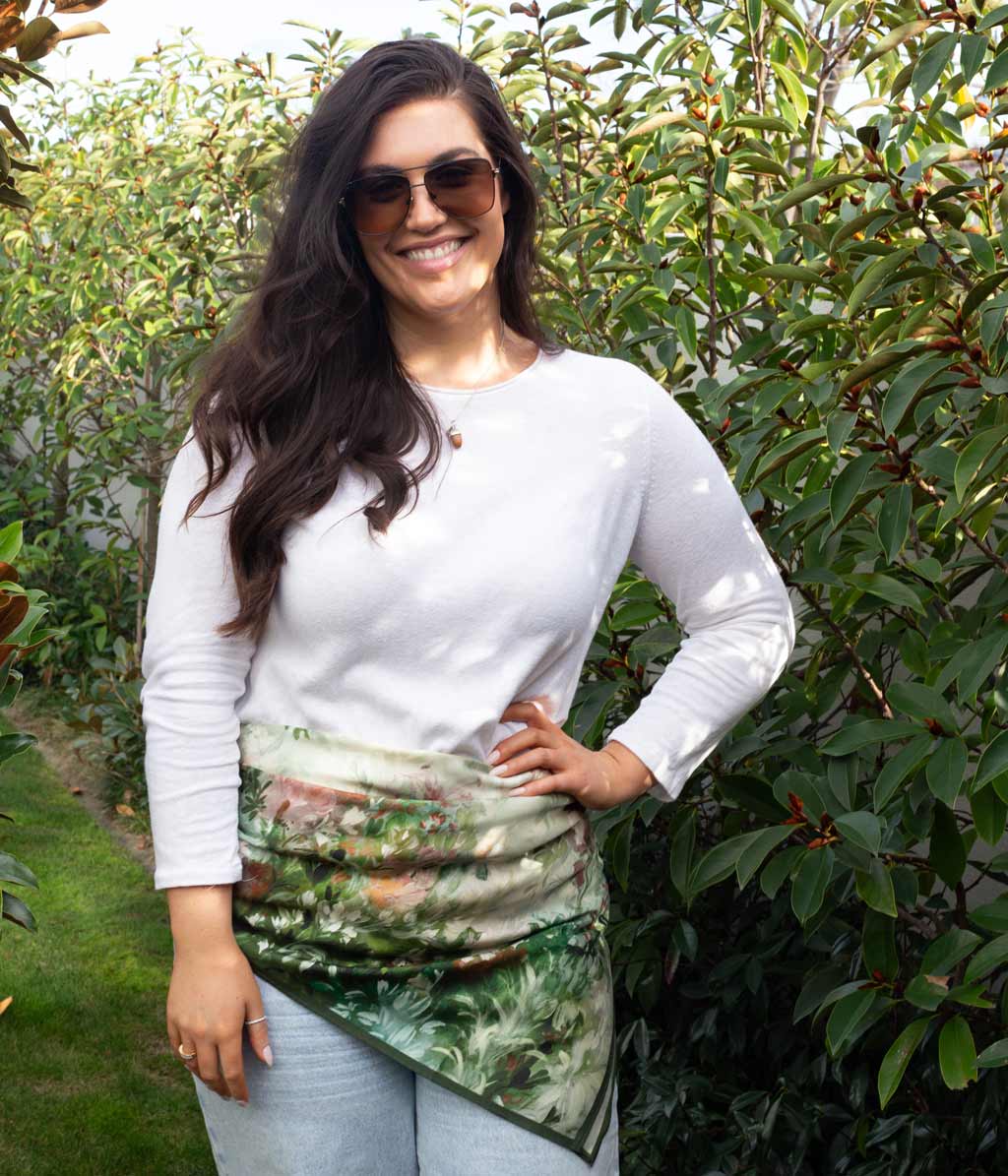 Giverny Silk Scarf 90x90 - Sage Green Floral