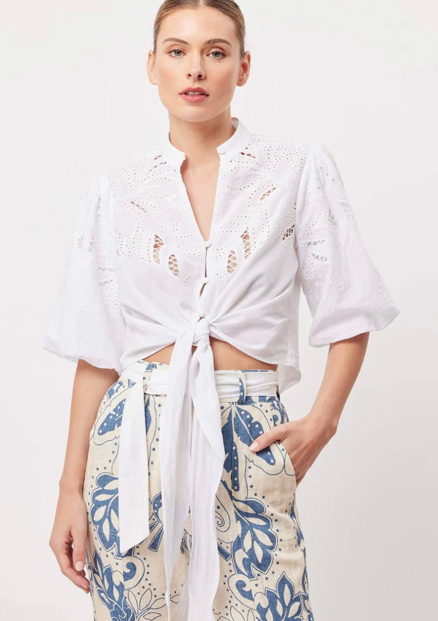 Flores Embroidered Puff Sleeve Shirt with Ties