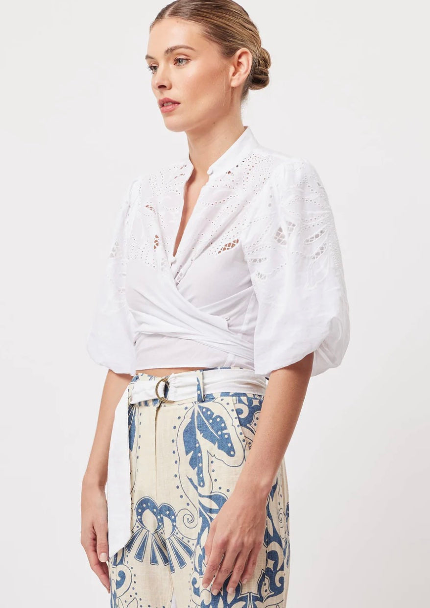 Flores Embroidered Puff Sleeve Shirt with Ties