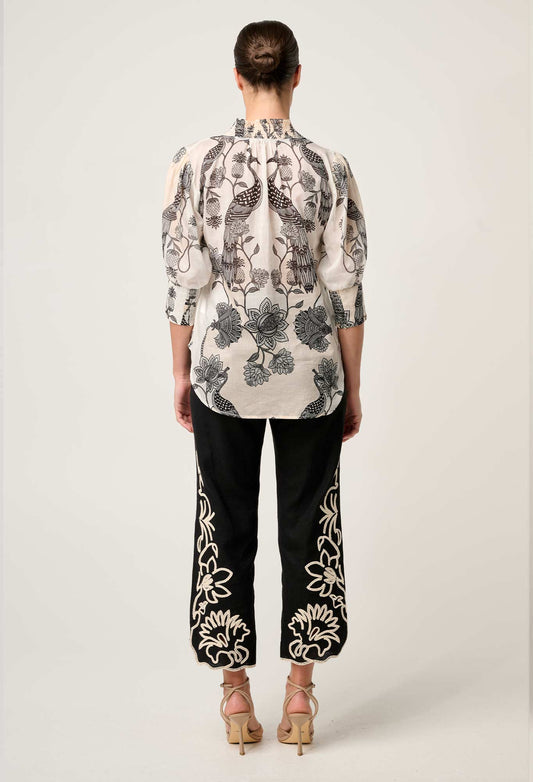 Oleander Cotton Silk Shirred Collar Blouse in Imperial Stone