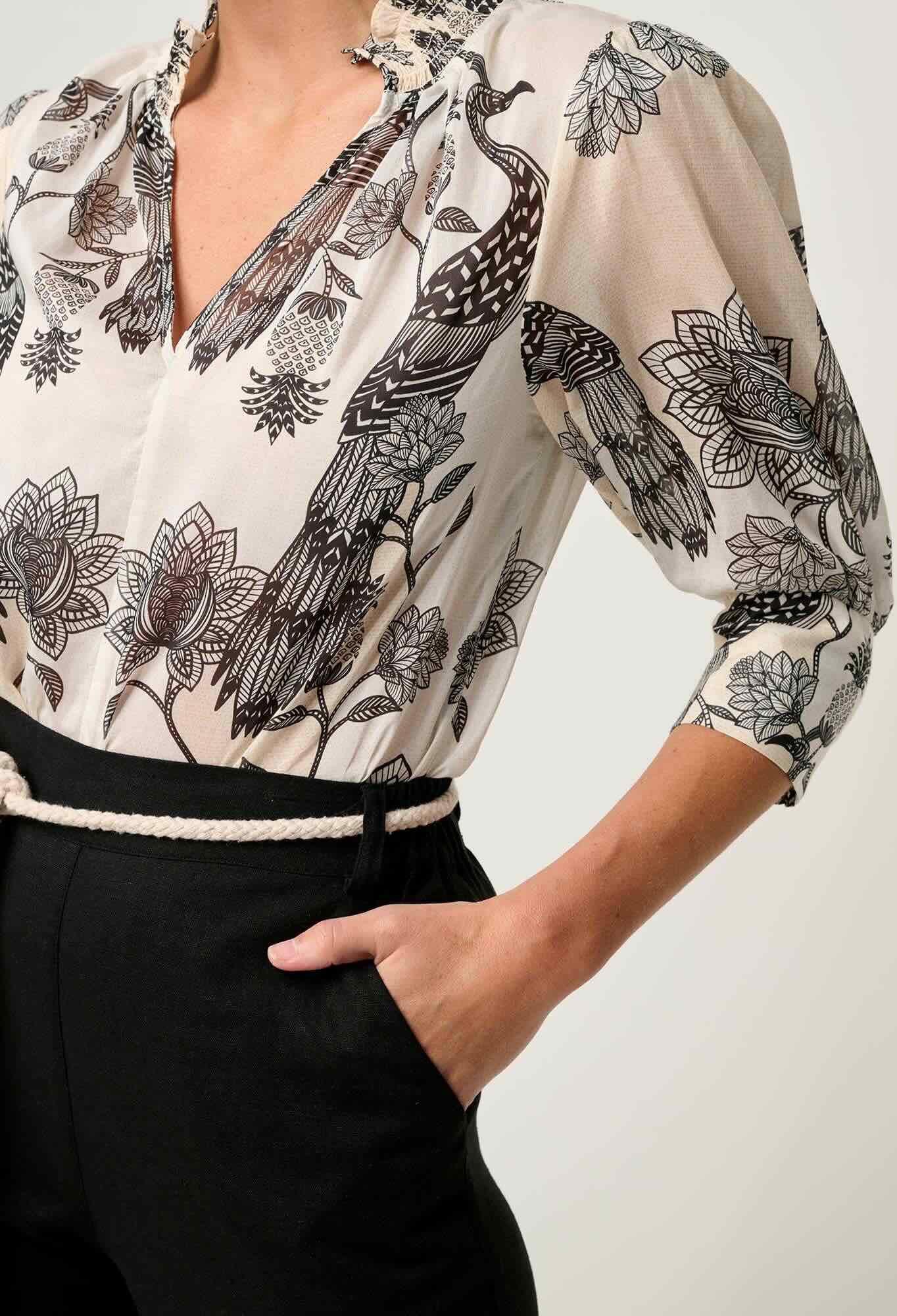 Oleander Cotton Silk Shirred Collar Blouse in Imperial Stone