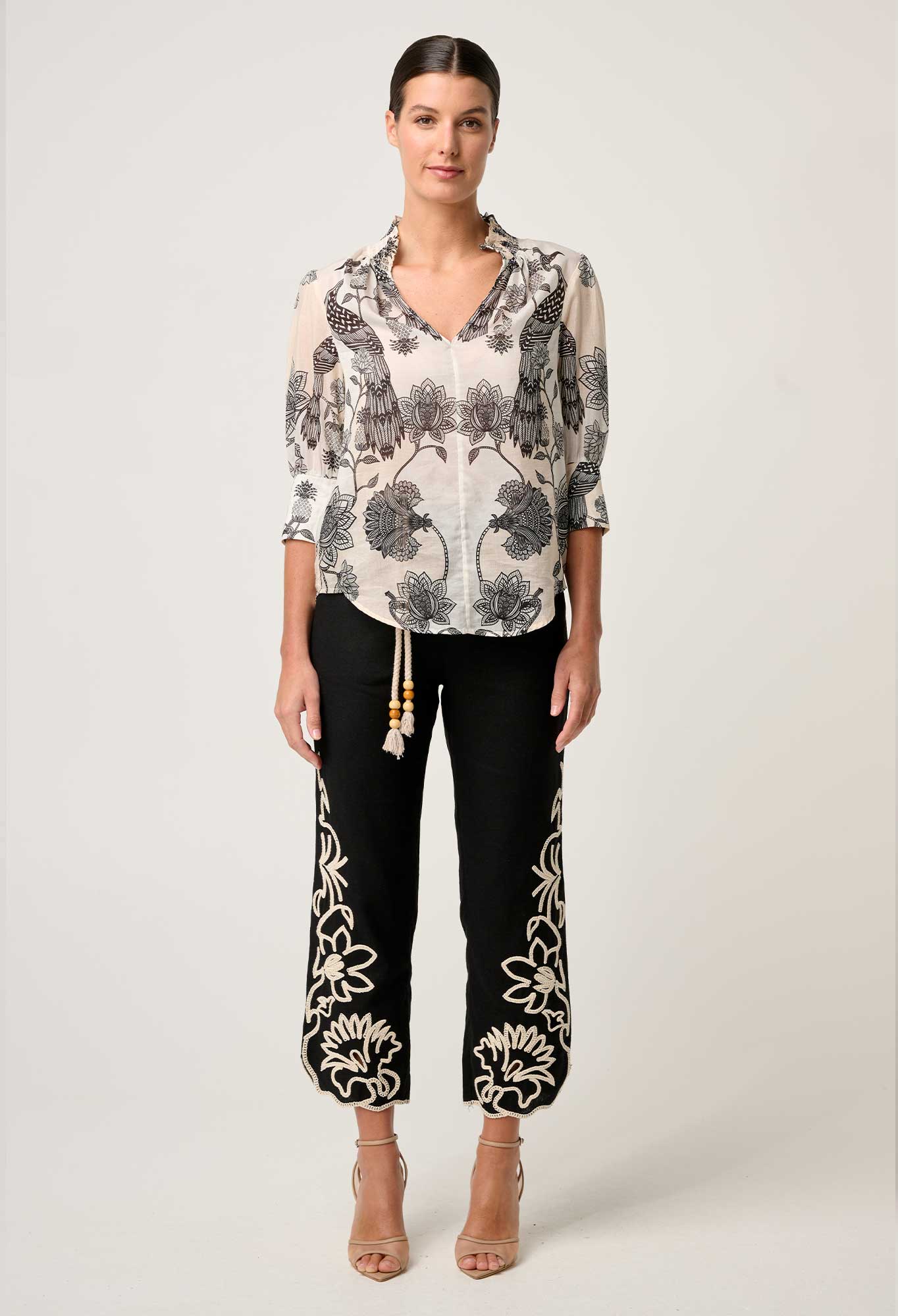 Oleander Cotton Silk Shirred Collar Blouse in Imperial Stone