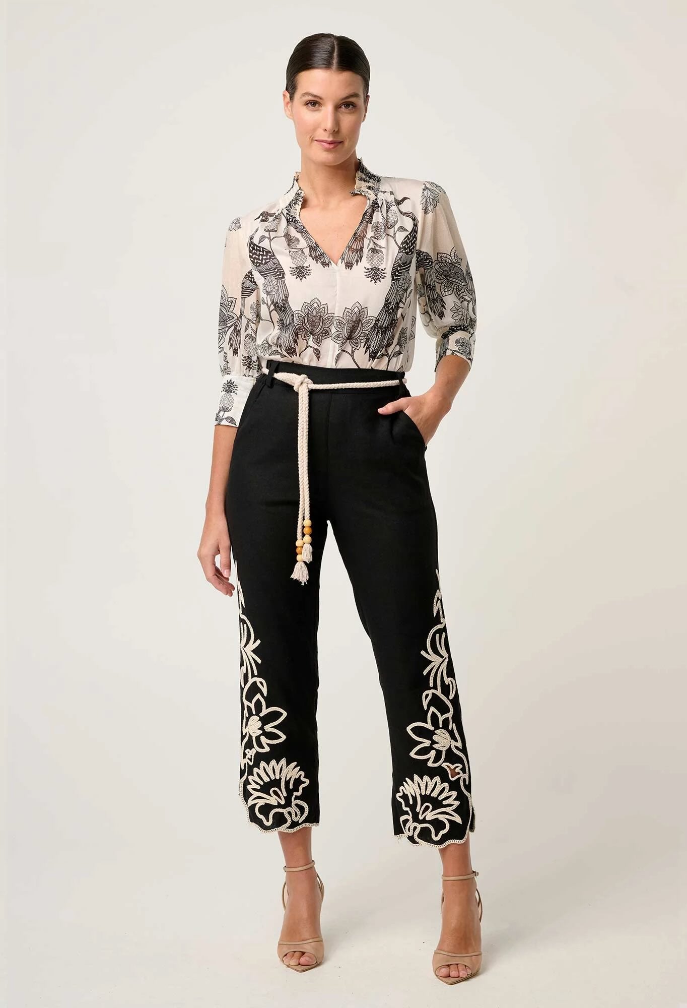 Oleander Cotton Silk Shirred Collar Blouse in Imperial Stone