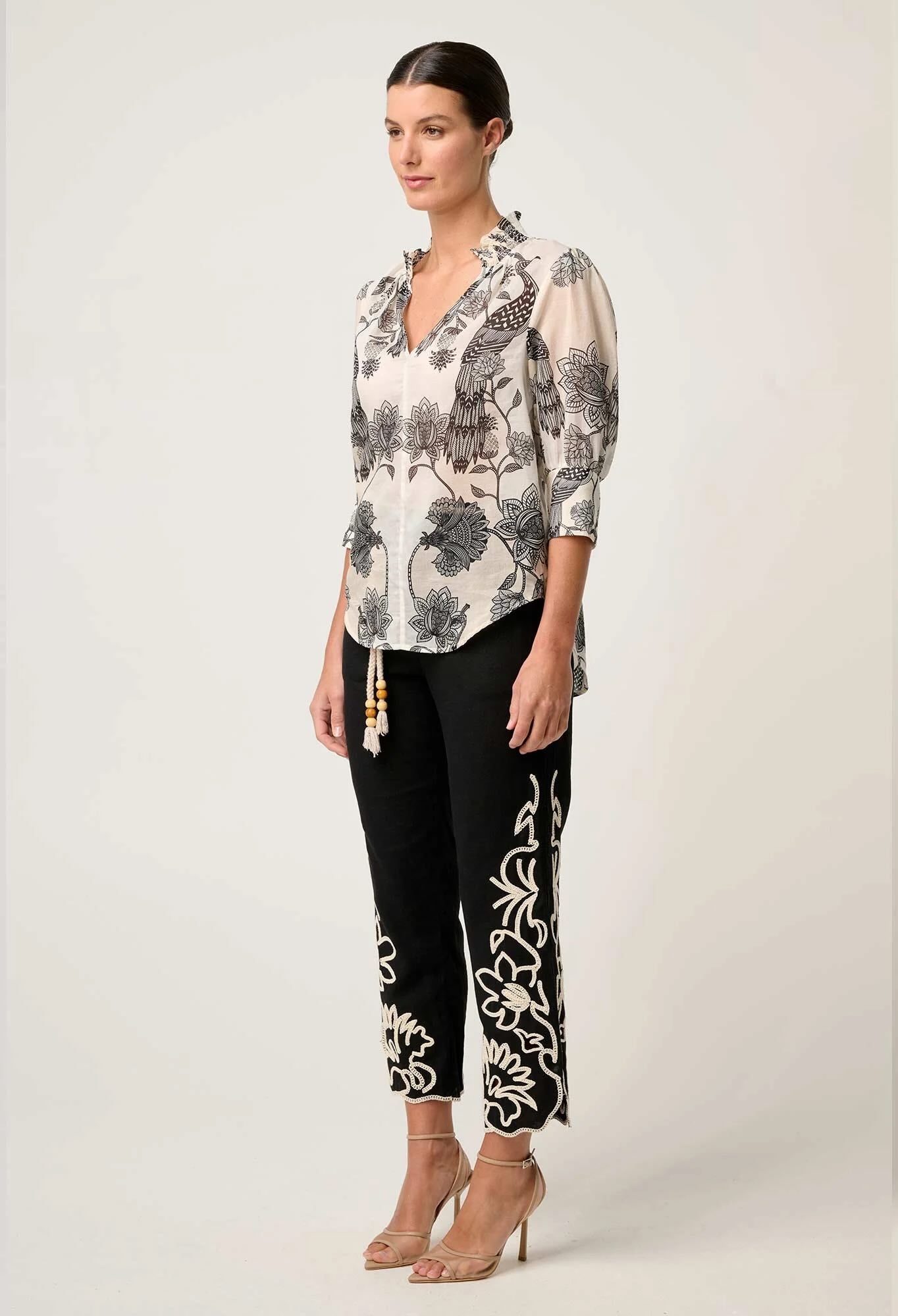 Oleander Cotton Silk Shirred Collar Blouse in Imperial Stone