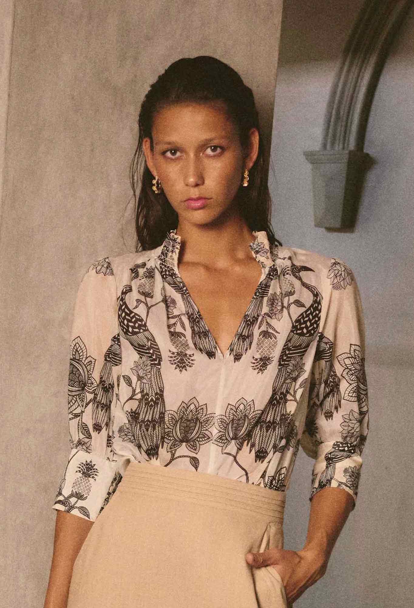 Oleander Cotton Silk Shirred Collar Blouse in Imperial Stone