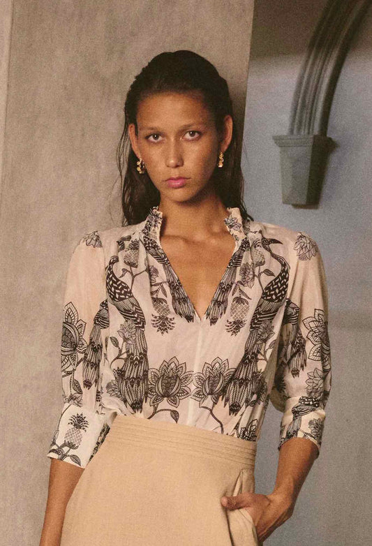 Oleander Cotton Silk Shirred Collar Blouse in Imperial Stone