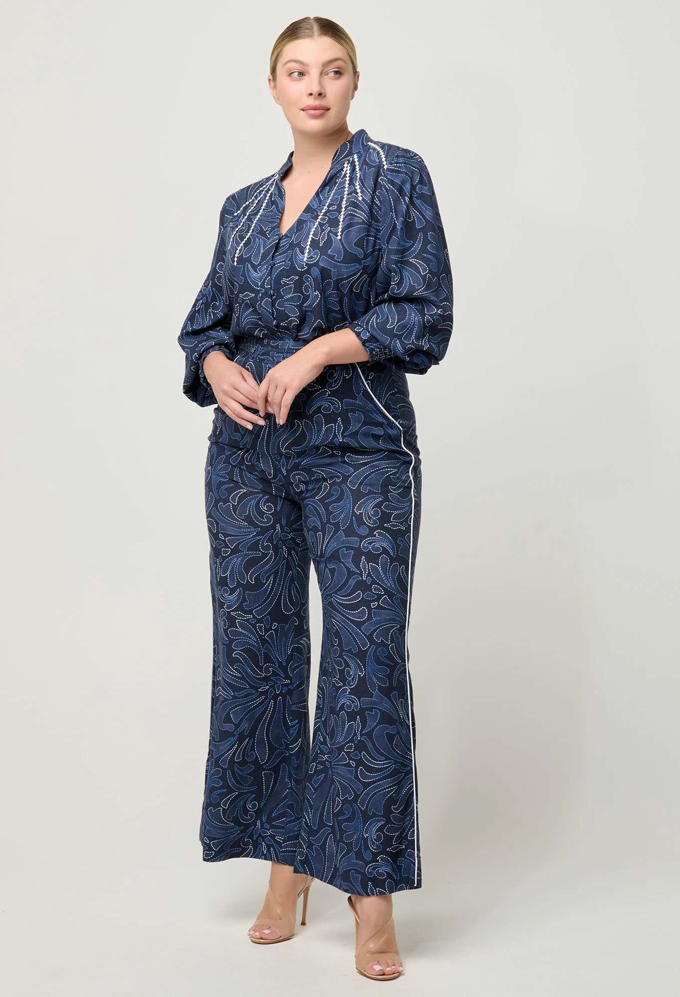 Adela Embroidered Print Linen Viscose Blouse