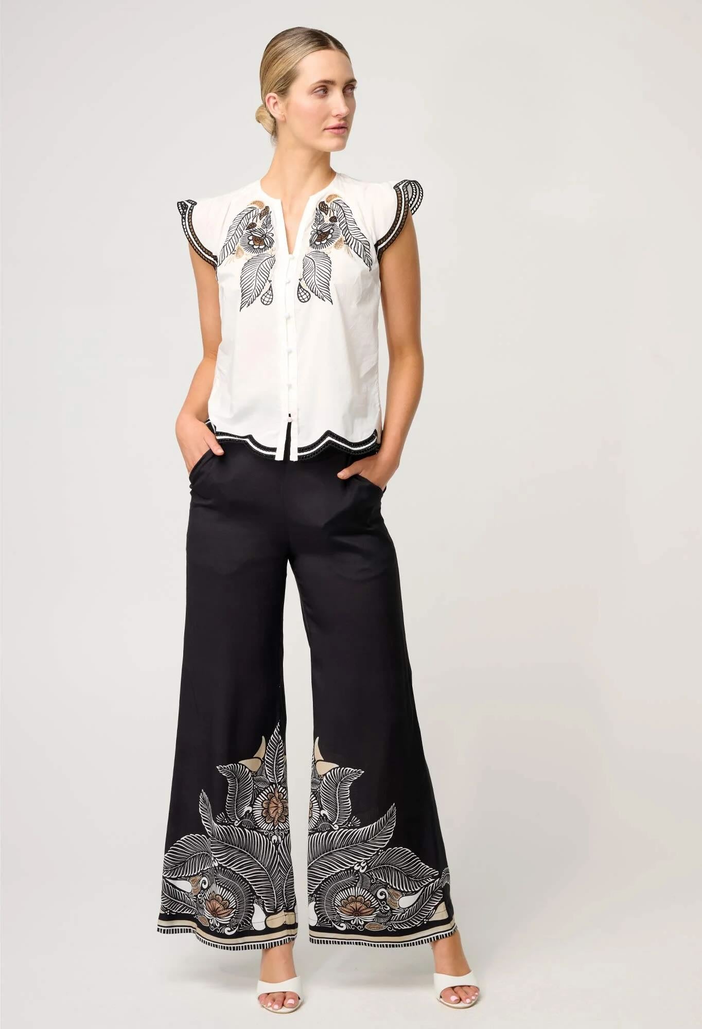 Aseel Cotton Flutter Sleeve Embroidered Top In Ivory