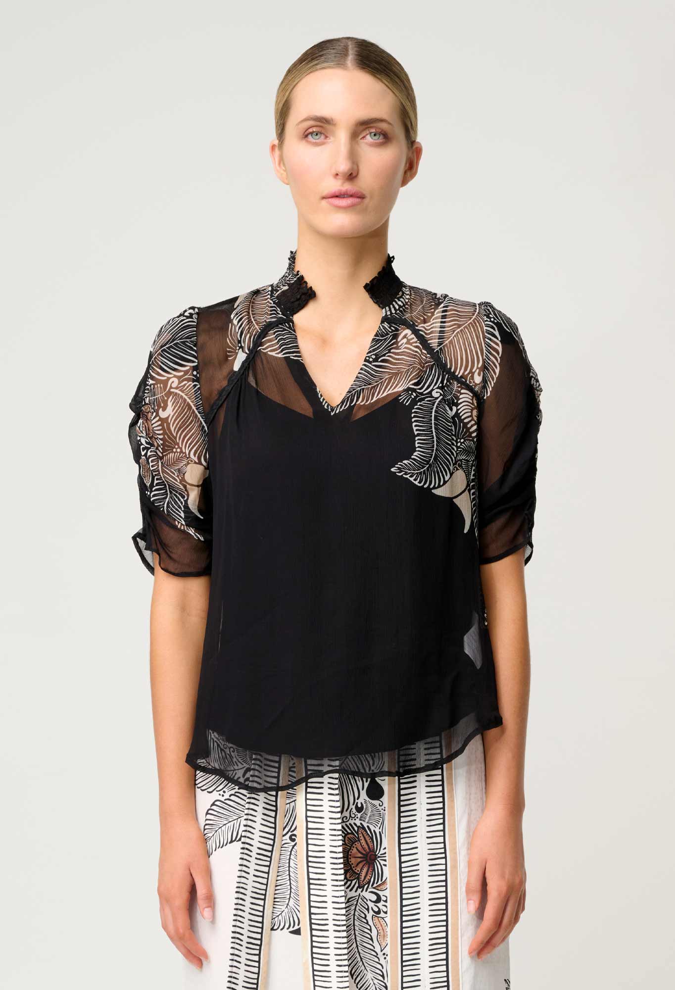 Samira Viscose Chiffon Ruched Sleeve Blouse in Onyx Casablanca
