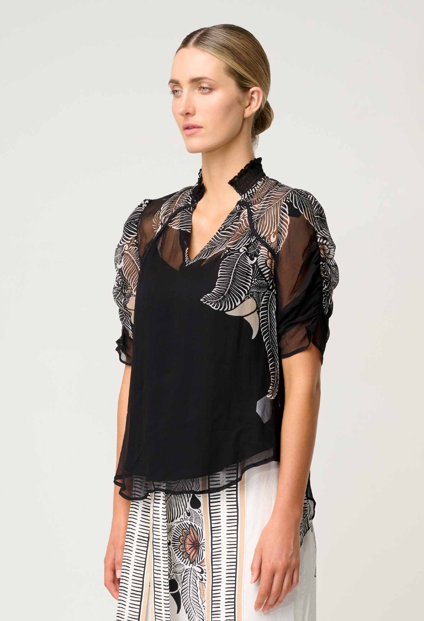 Samira Viscose Chiffon Ruched Sleeve Blouse in Onyx Casablanca
