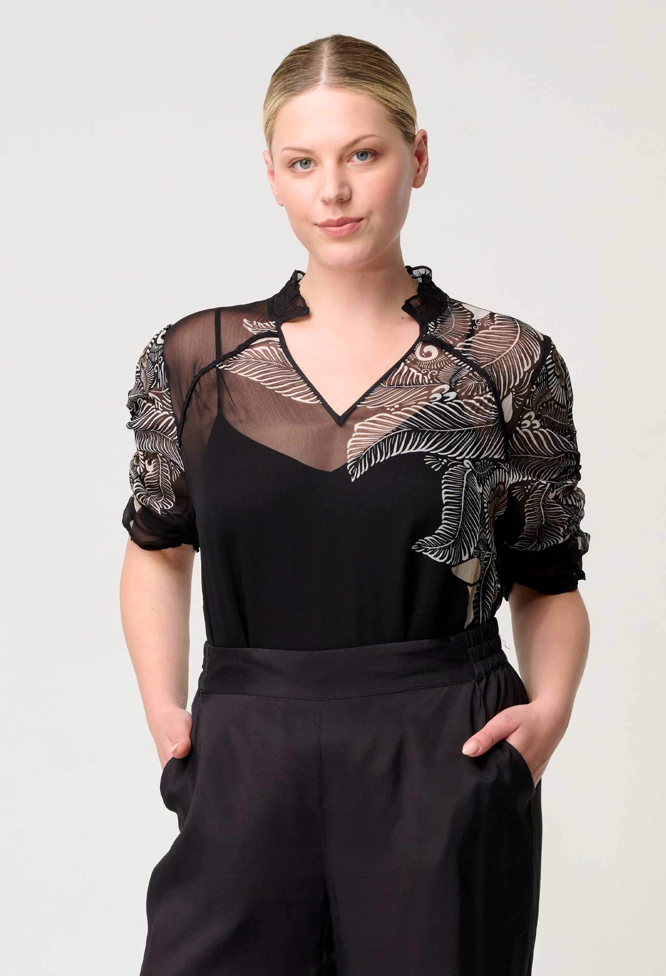 Samira Viscose Chiffon Ruched Sleeve Blouse in Onyx Casablanca