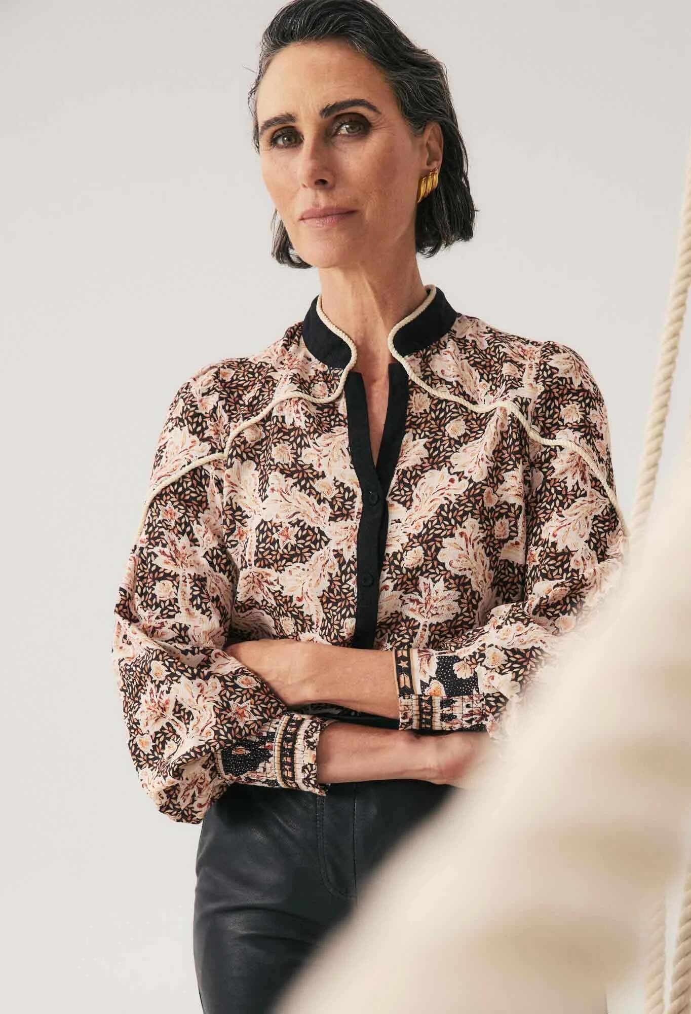 Harley Linen Viscose Rope Trim Shirt In Russet Palm