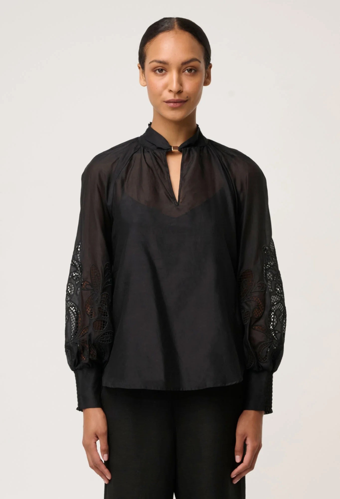 Simona Cotton Silk Embroidered Blouse In Black