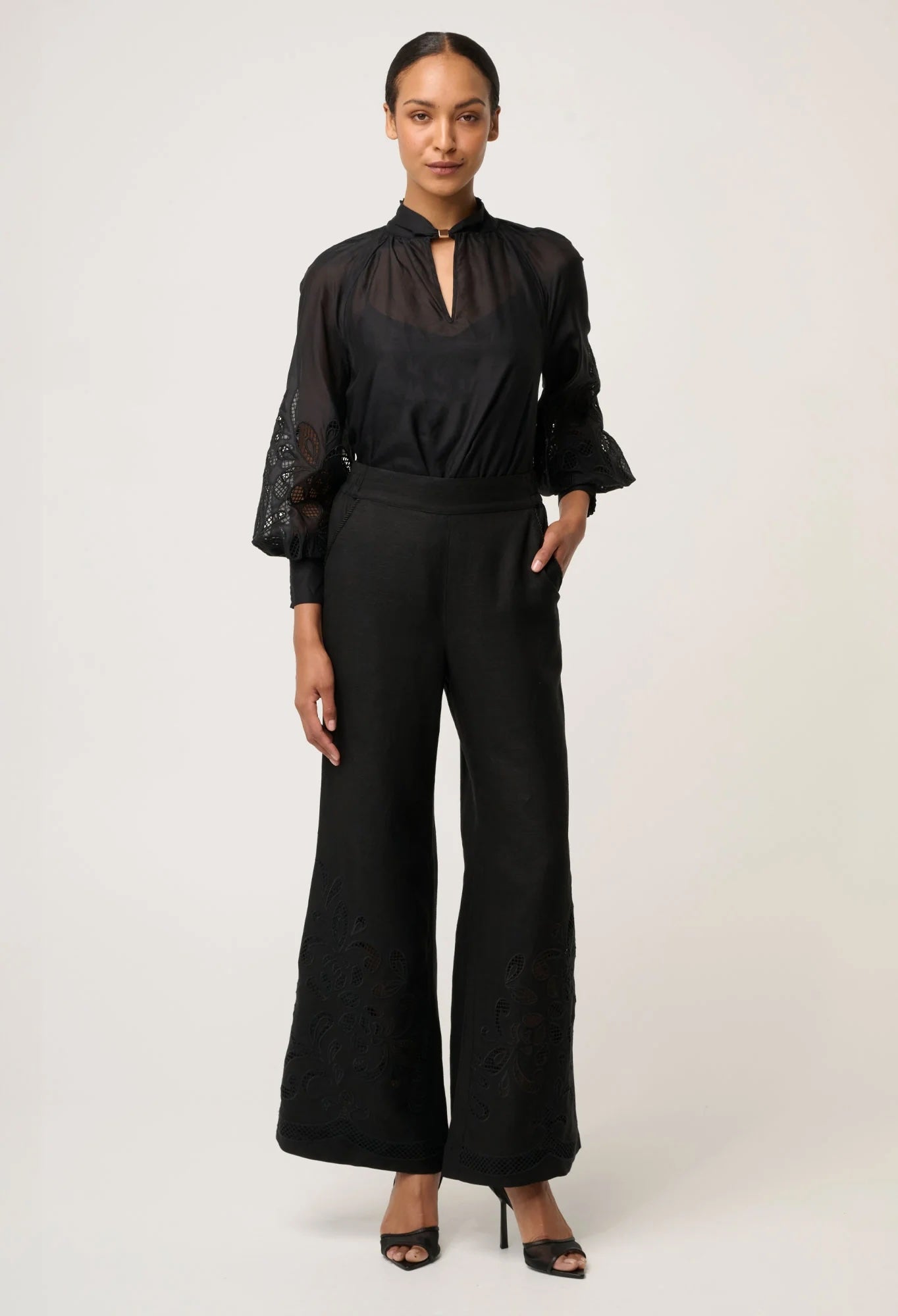 Rhea Linen Viscose Embroidered Pant In Black