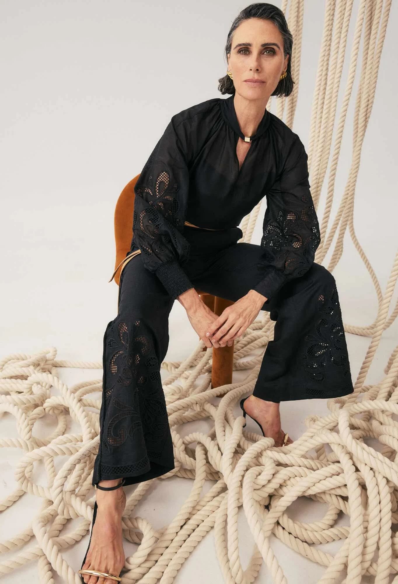 Rhea Linen Viscose Embroidered Pant In Black