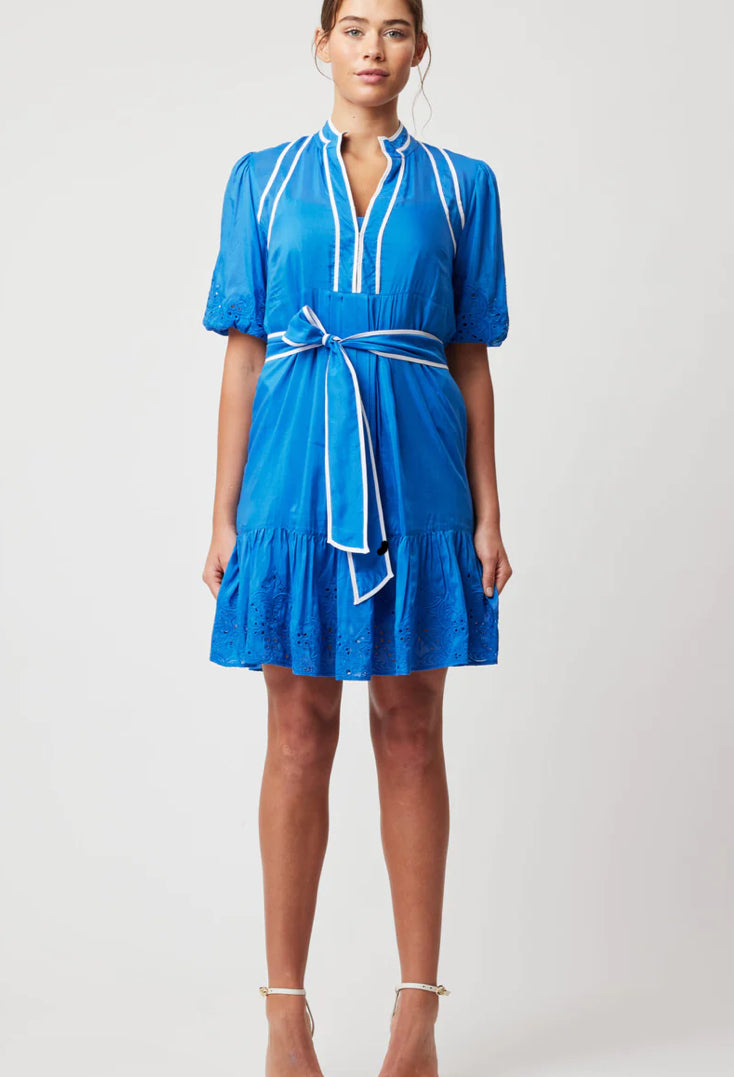 Lucia Embroidered Cotton Silk Dress in Azure