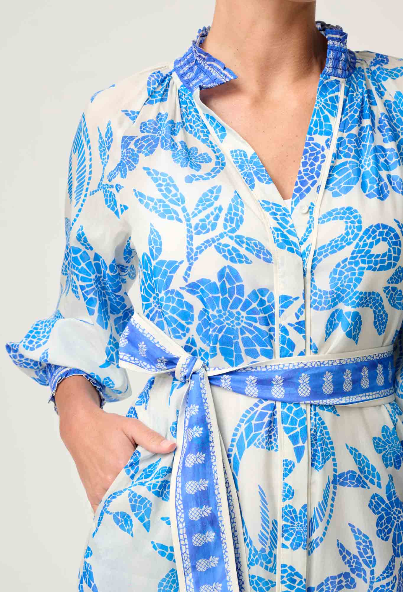 Carmen Cotton Silk Maxi Dress in Azure Mosaic