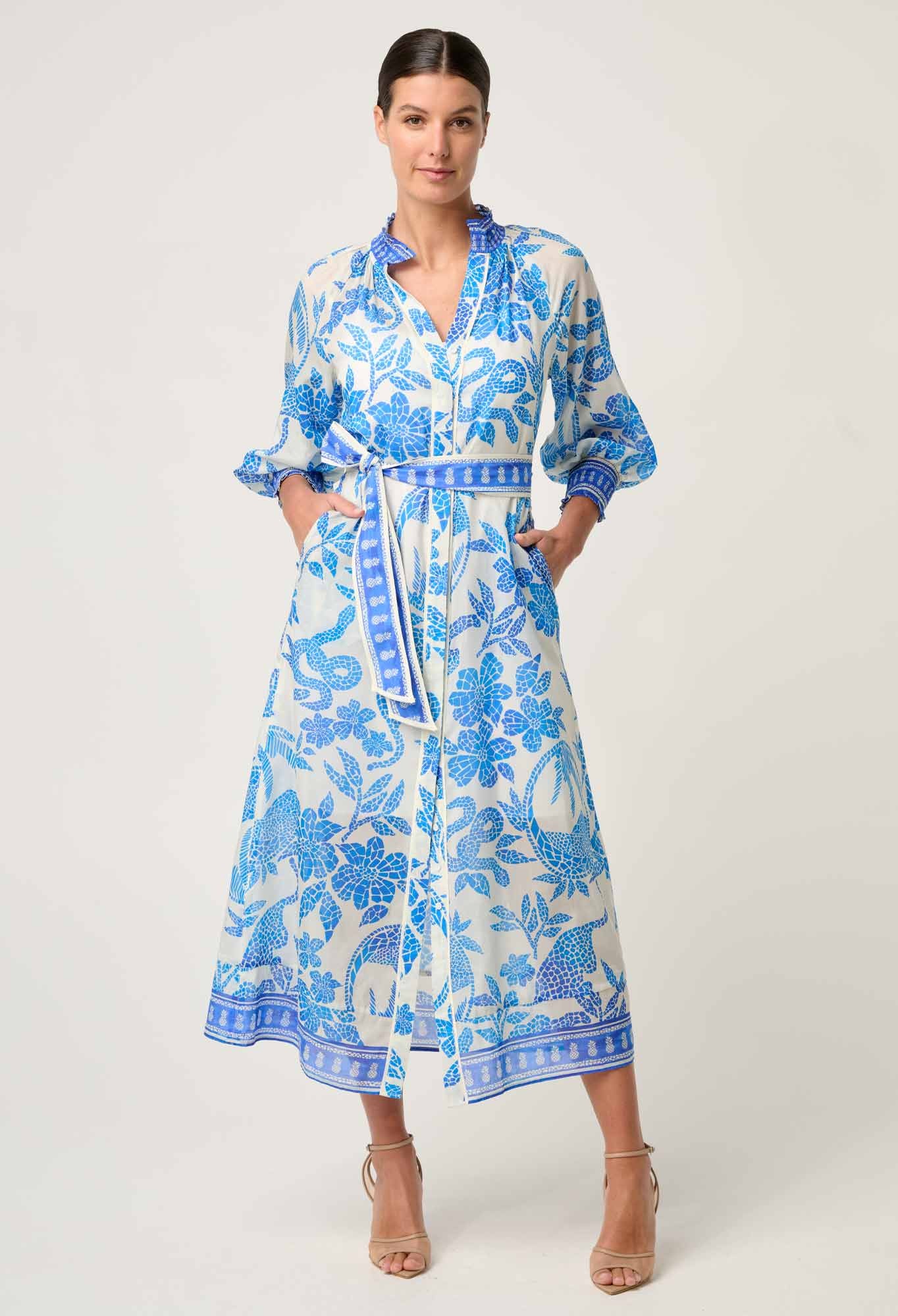 Carmen Cotton Silk Maxi Dress in Azure Mosaic