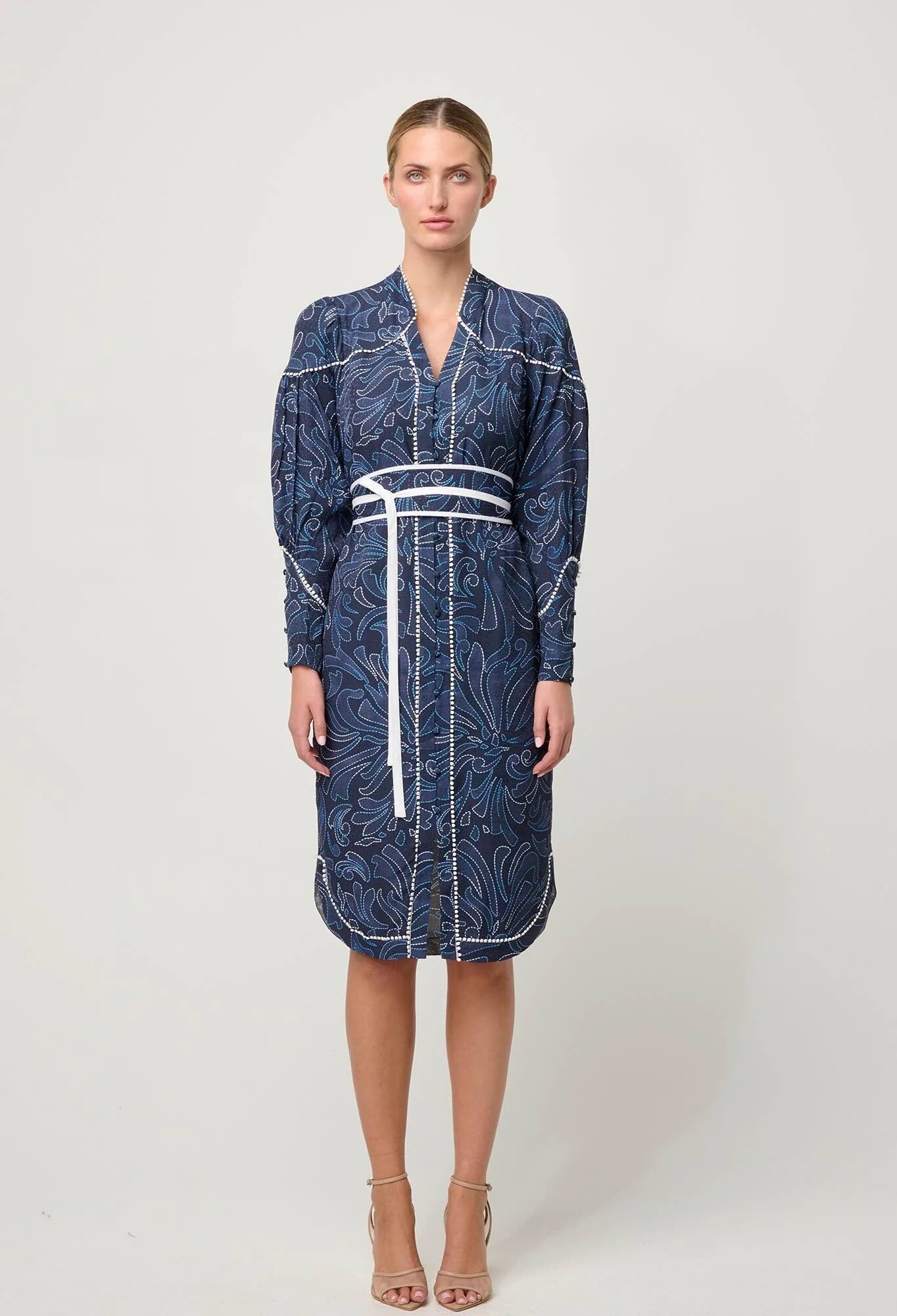 Adela Contrast Lace Trim Viscose Dobby Curve Hem Dress