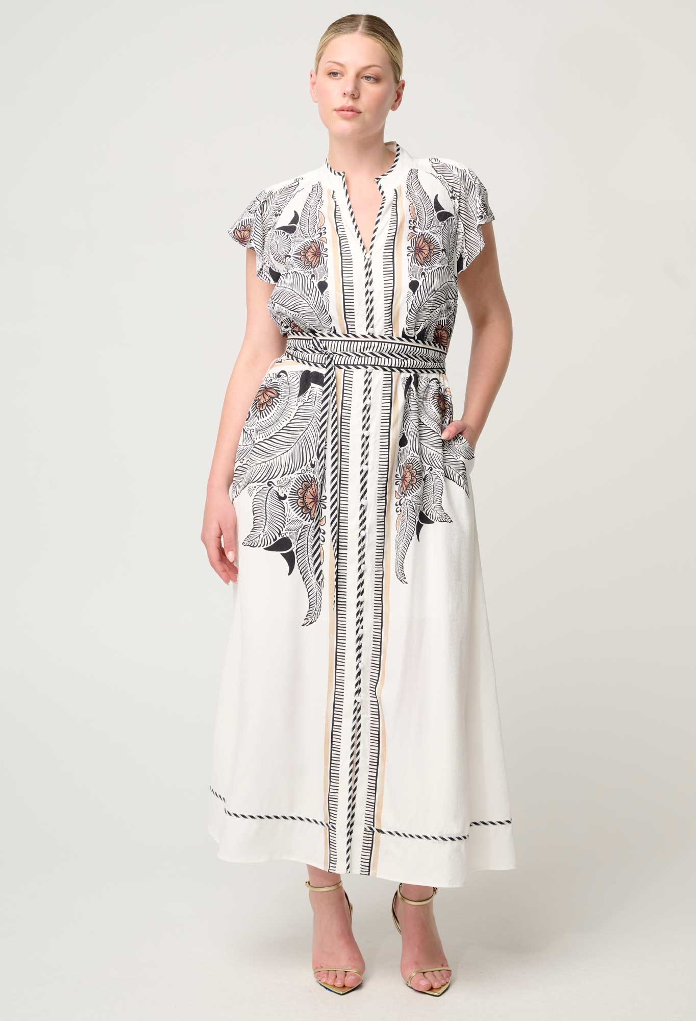 Malika Viscose Dobby Flutter Sleeve Dress In Ivory Casablanca