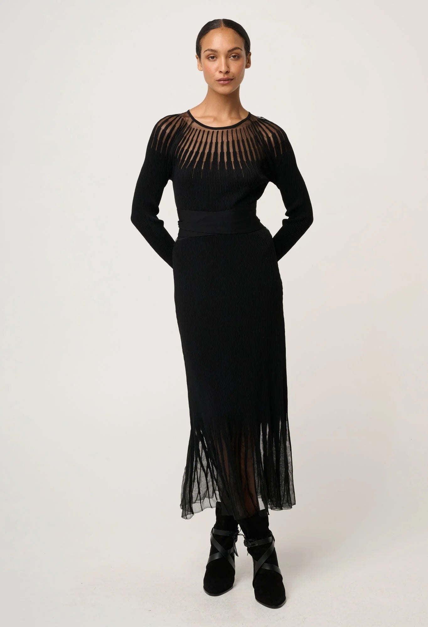 Rhiannon Viscose Nylon Sheer Knit Dress In Black