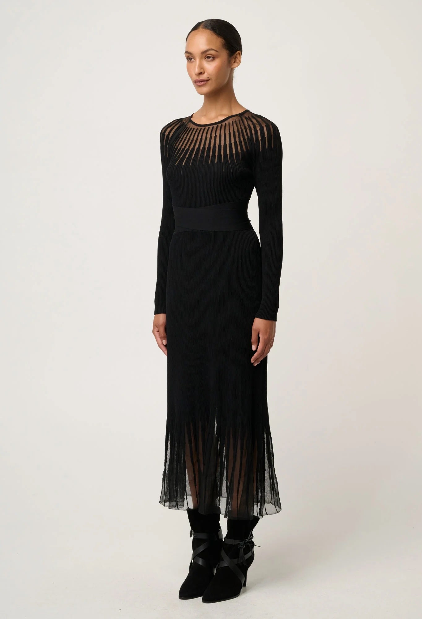 Rhiannon Viscose Nylon Sheer Knit Dress In Black