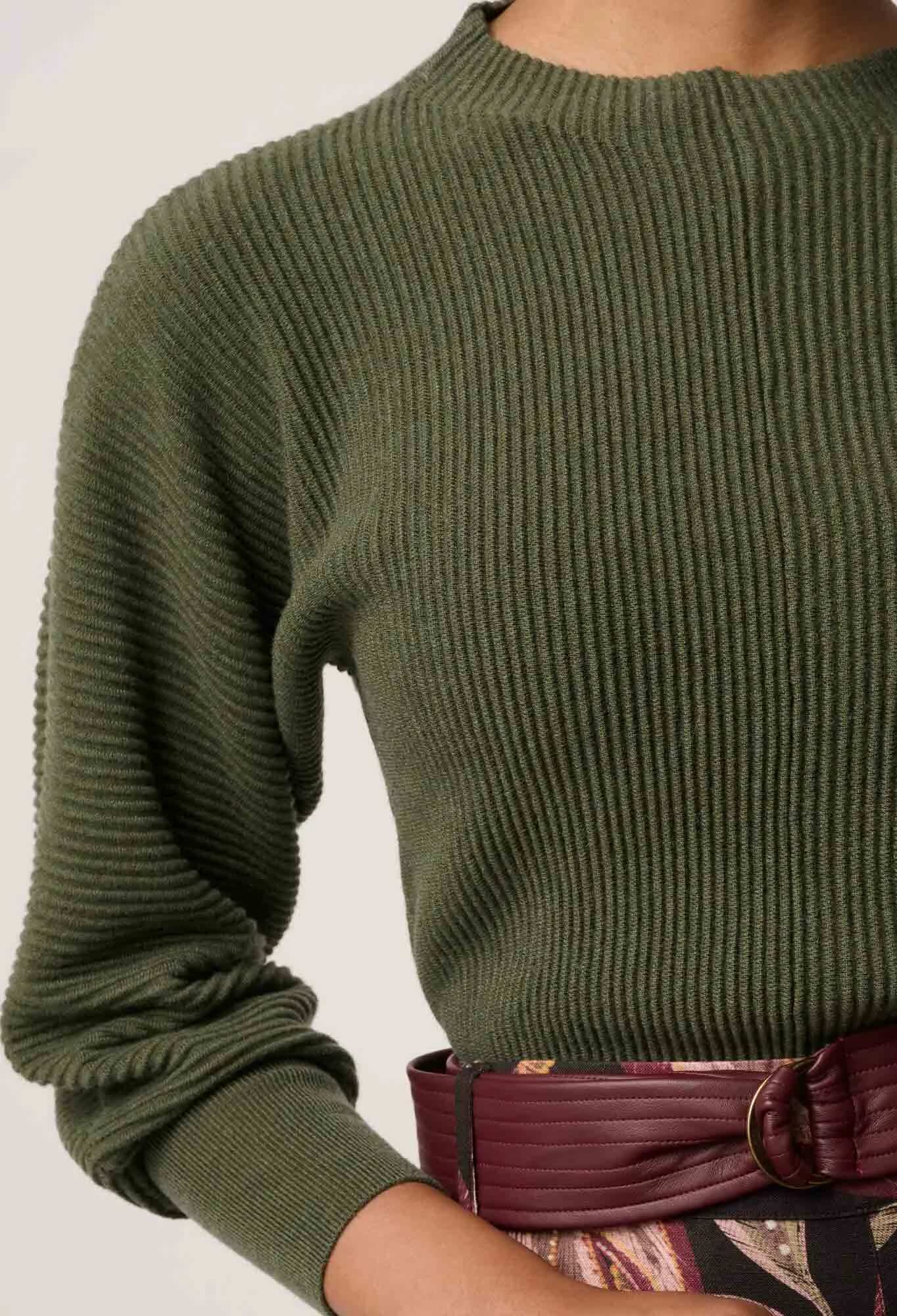 Roselle Merino wool Blend Ribbed Knit Top in Winter Moss