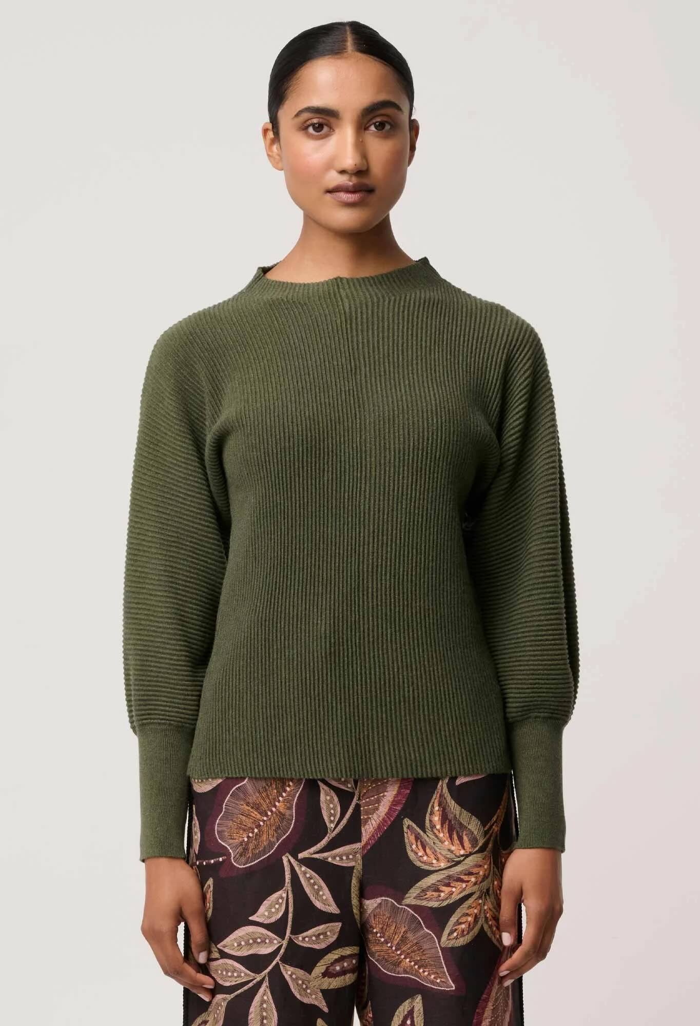 Roselle Merino wool Blend Ribbed Knit Top in Winter Moss