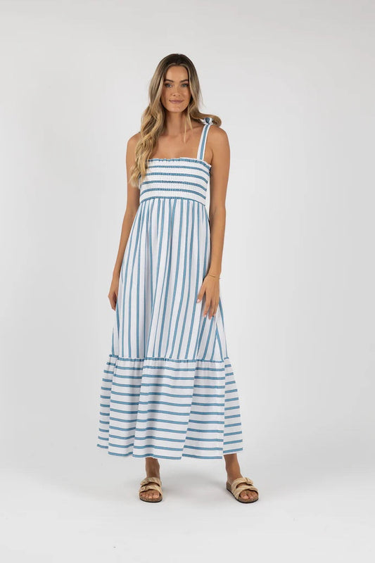 Santos Shirred Dress - Blue Stripe