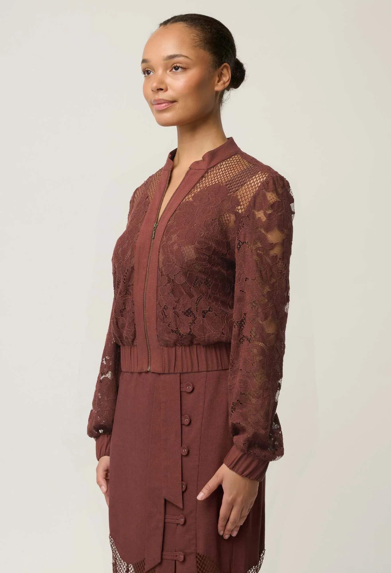 Solene Cotton Blend Placement Lace Bomber in Rosewood