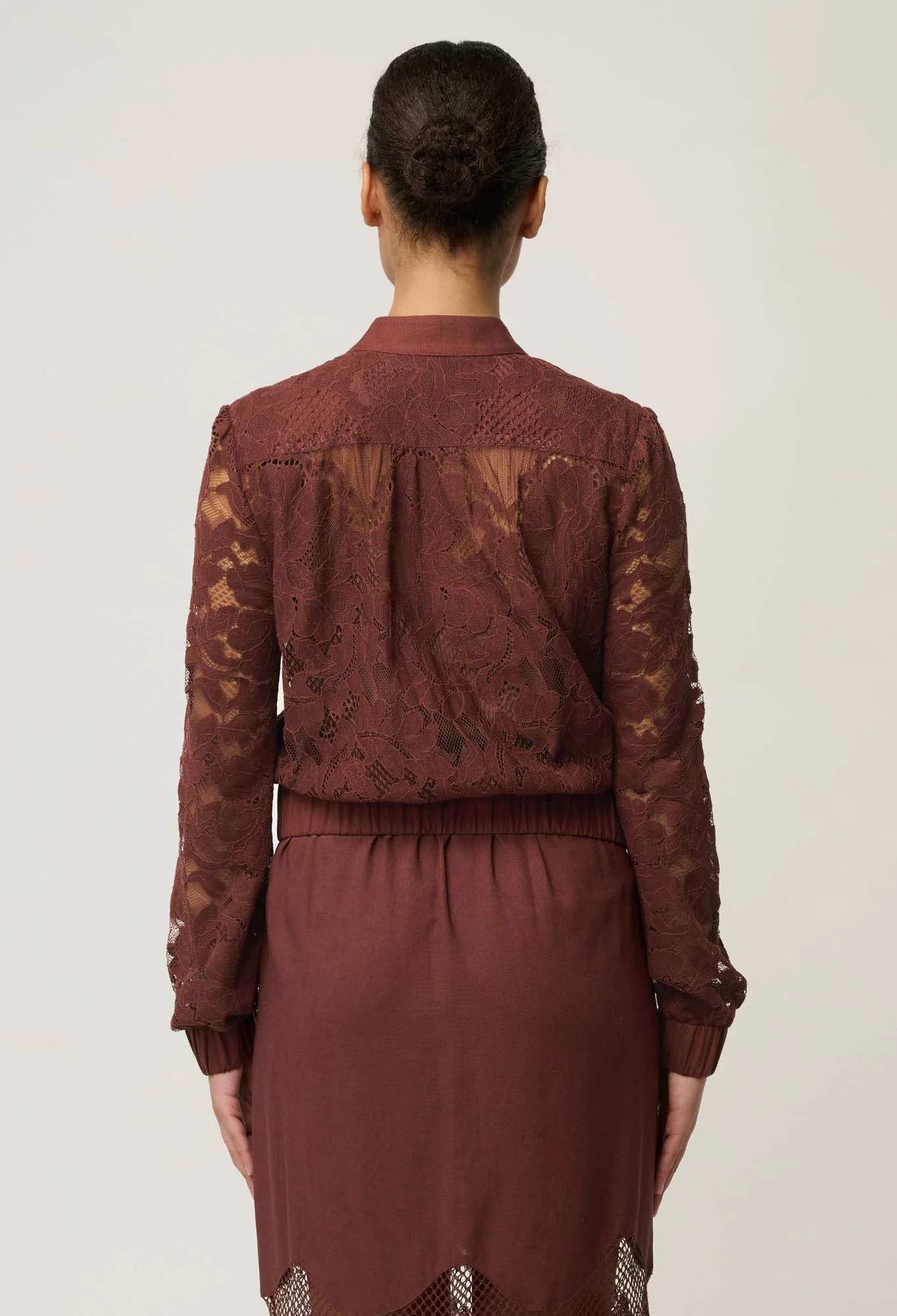 Solene Cotton Blend Placement Lace Bomber in Rosewood