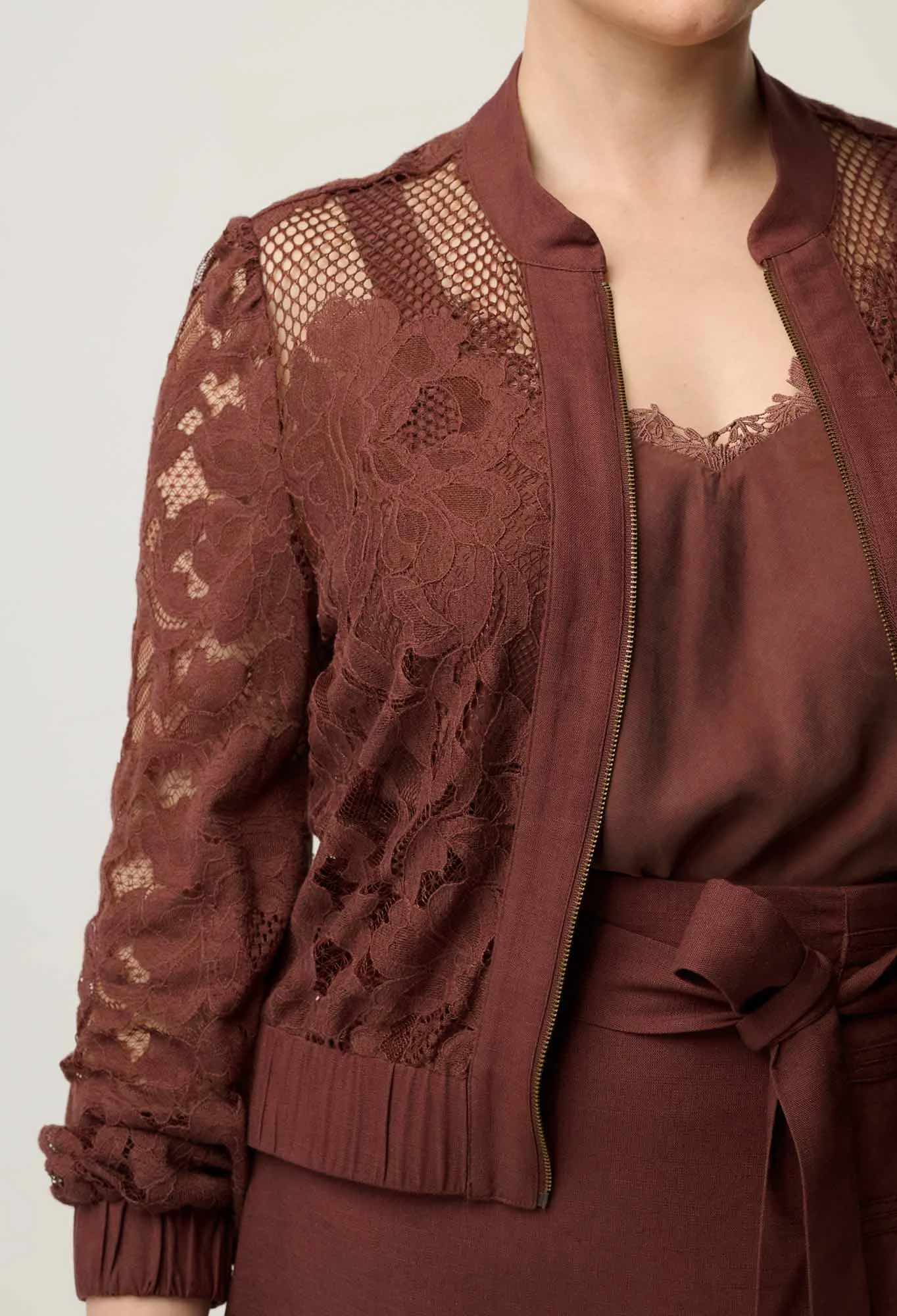 Solene Cotton Blend Placement Lace Bomber in Rosewood