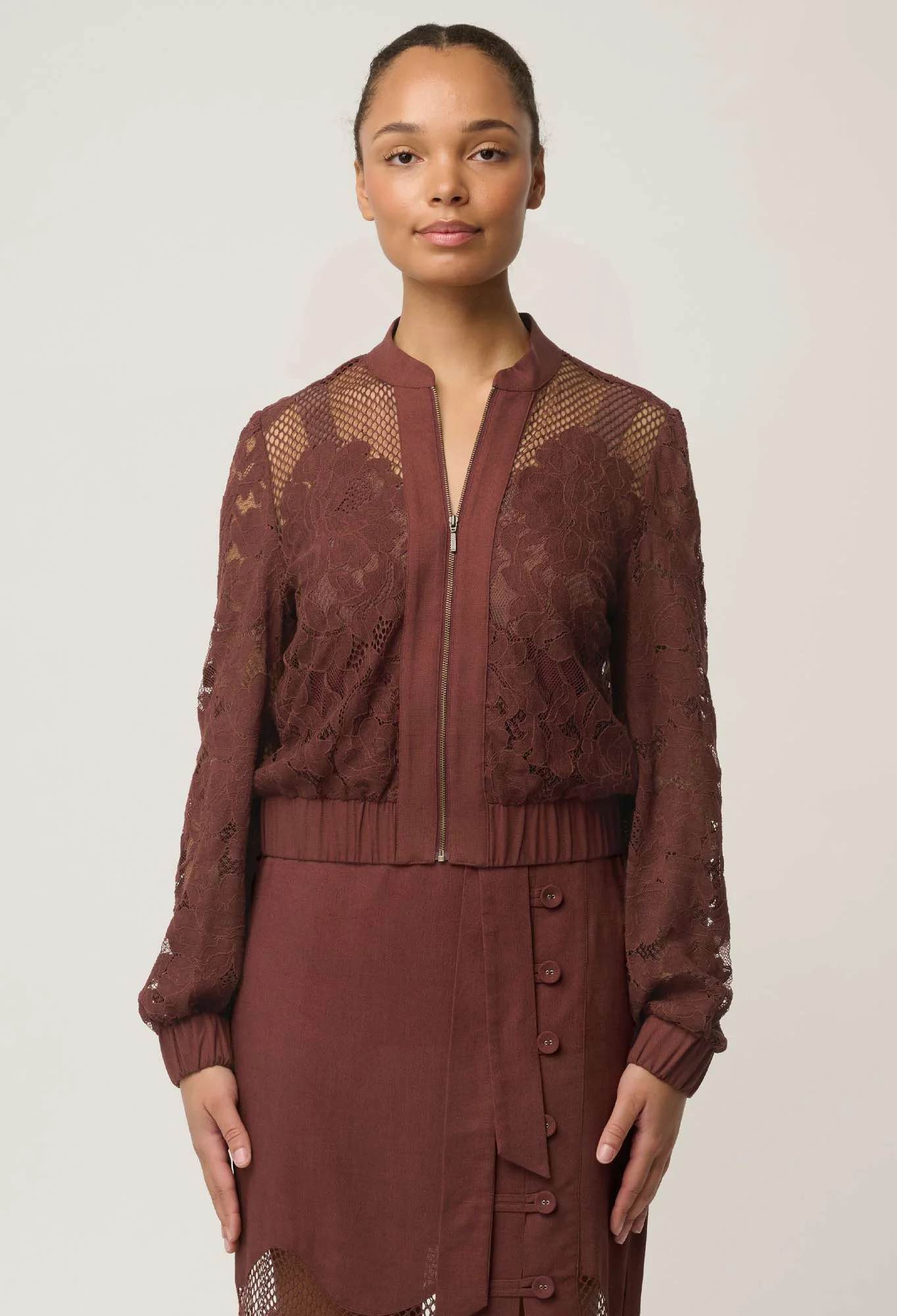 Solene Cotton Blend Placement Lace Bomber in Rosewood