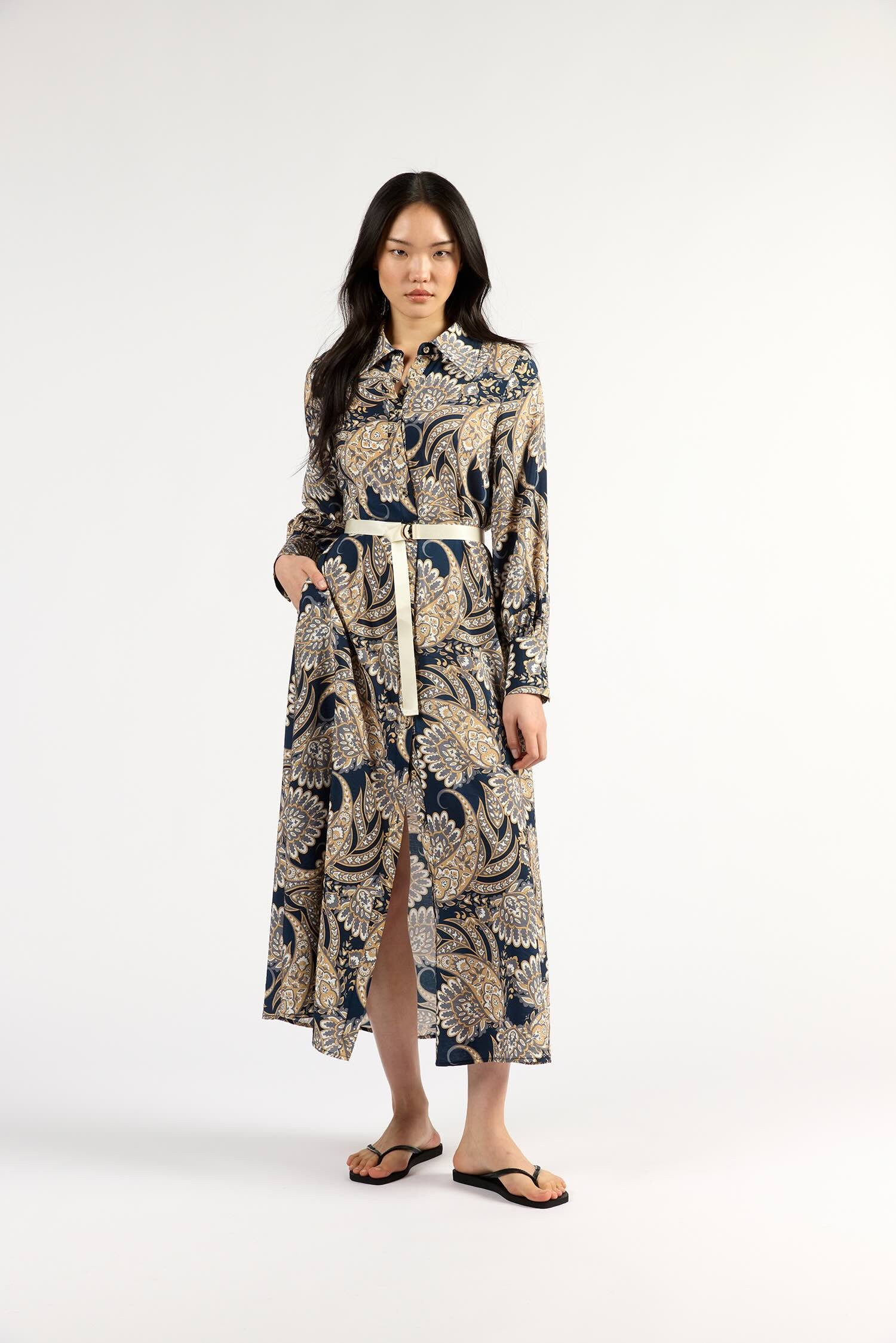 Mala Long Sleeve Dress in Navy Paisley