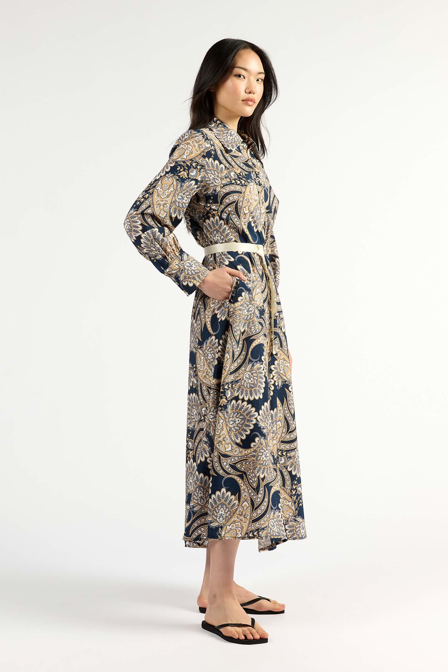 Mala Long Sleeve Dress in Navy Paisley