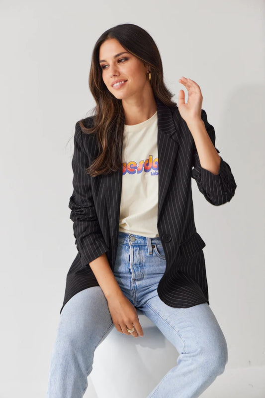 Boyfriend Blazer-Black Pinstripe