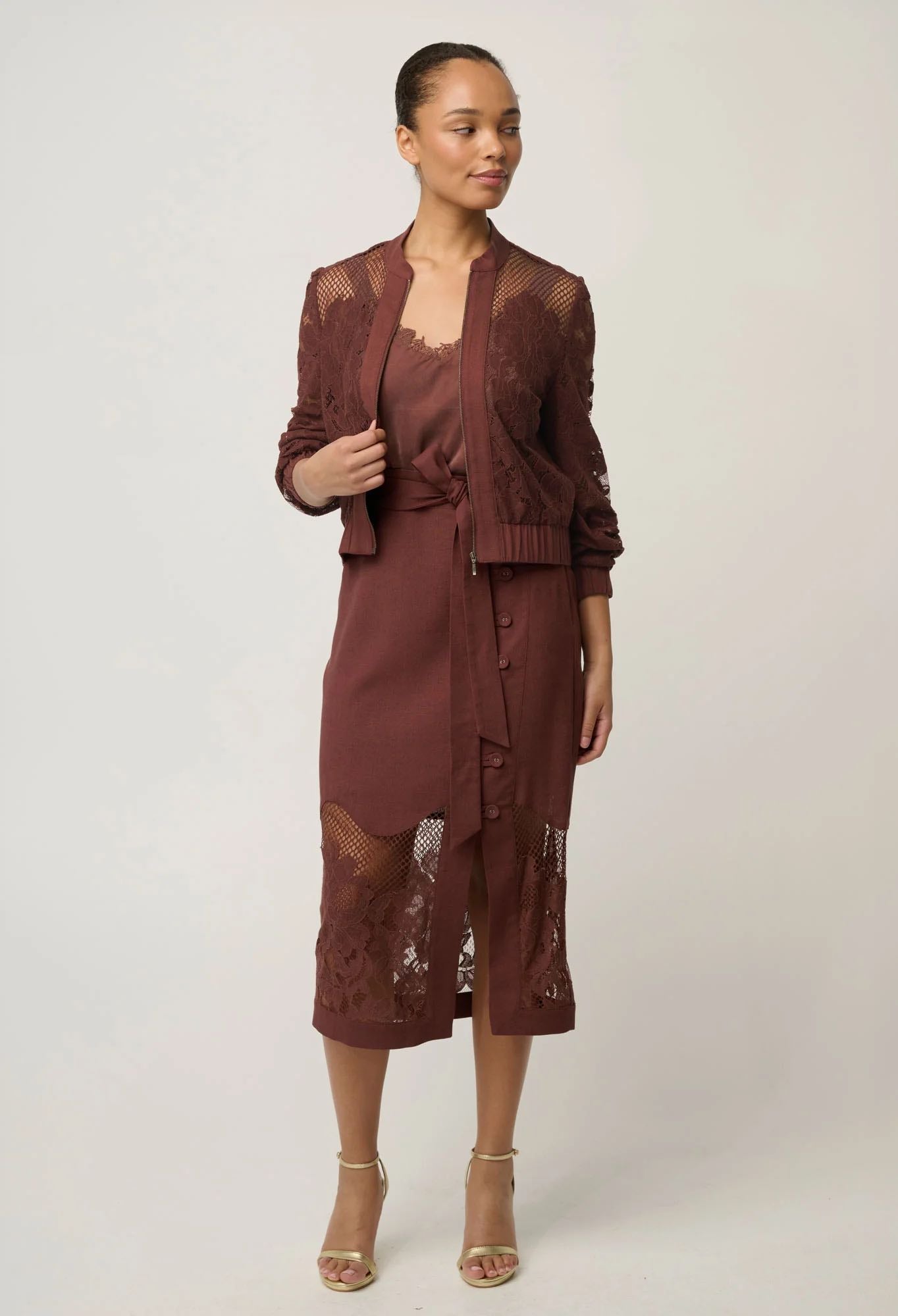 Solene Cotton Blend Placement Lace Bomber in Rosewood