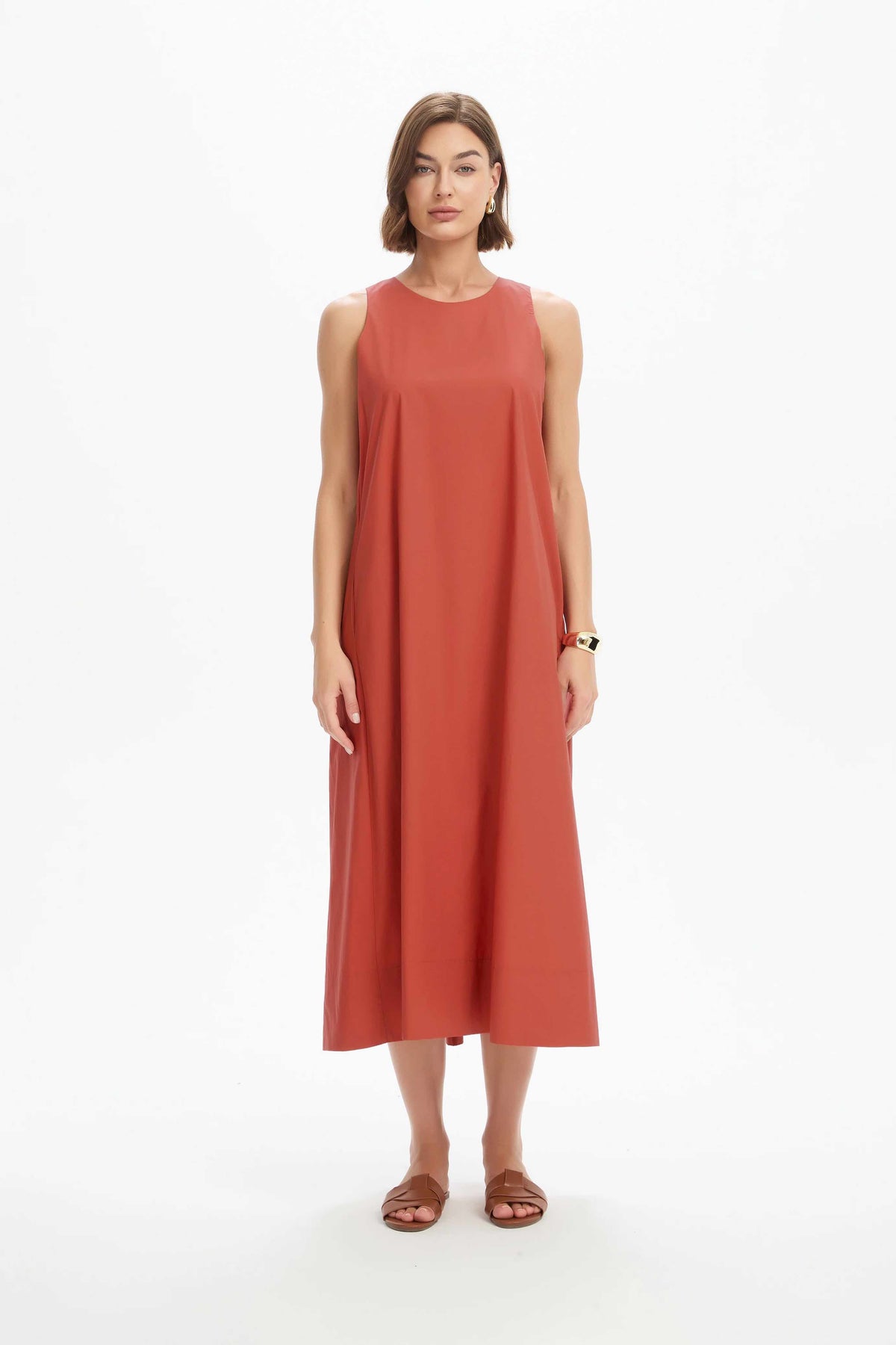 Elastic Detail A-Line Dress - Clay Red