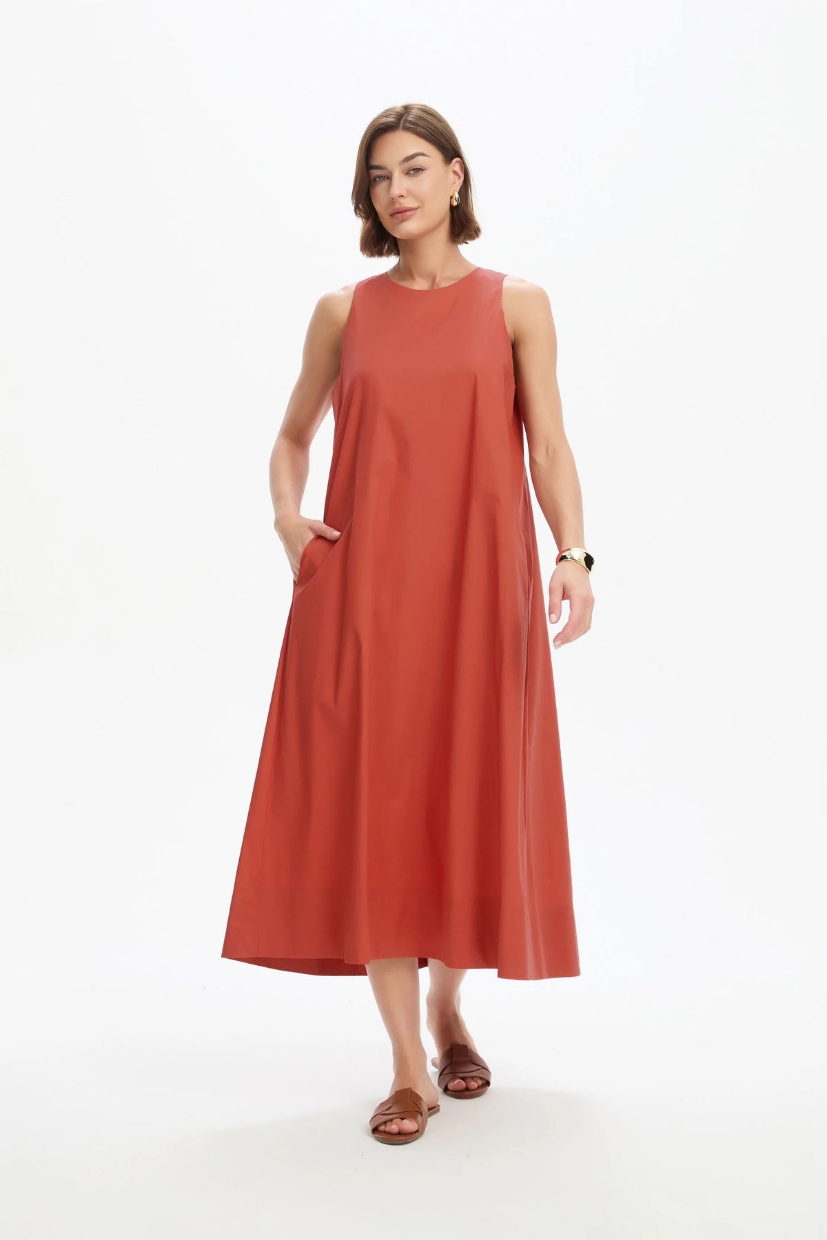 Elastic Detail A-Line Dress - Clay Red