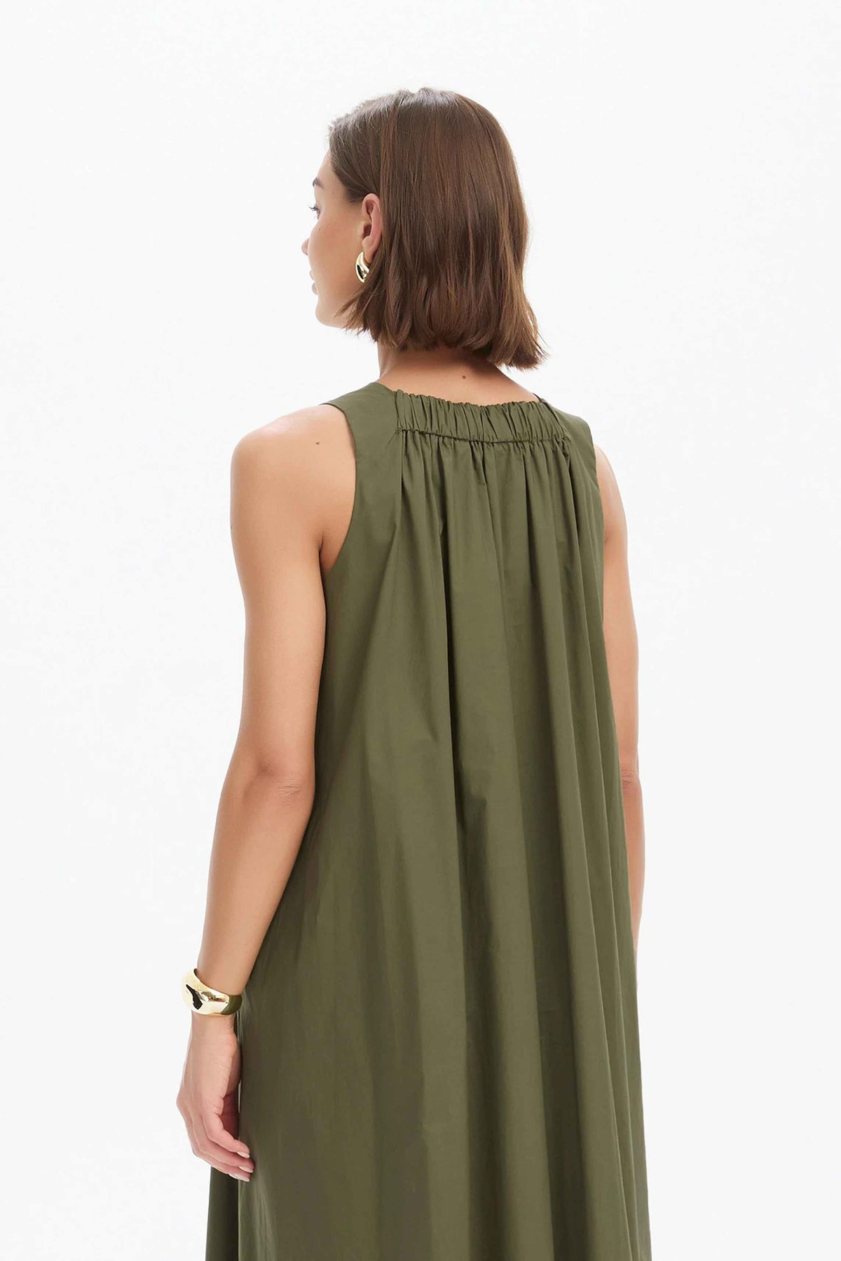 Elastic Detail A-Line Dress - Khaki
