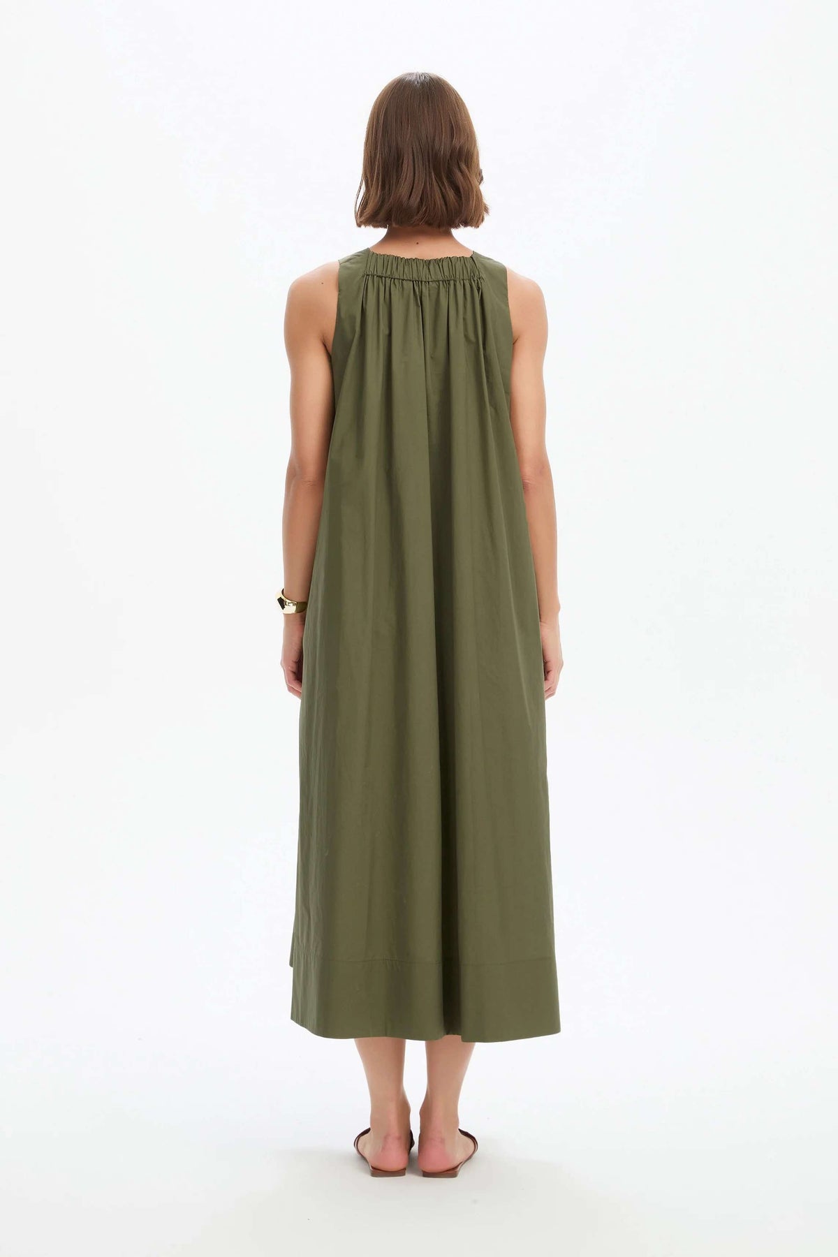 Elastic Detail A-Line Dress - Khaki