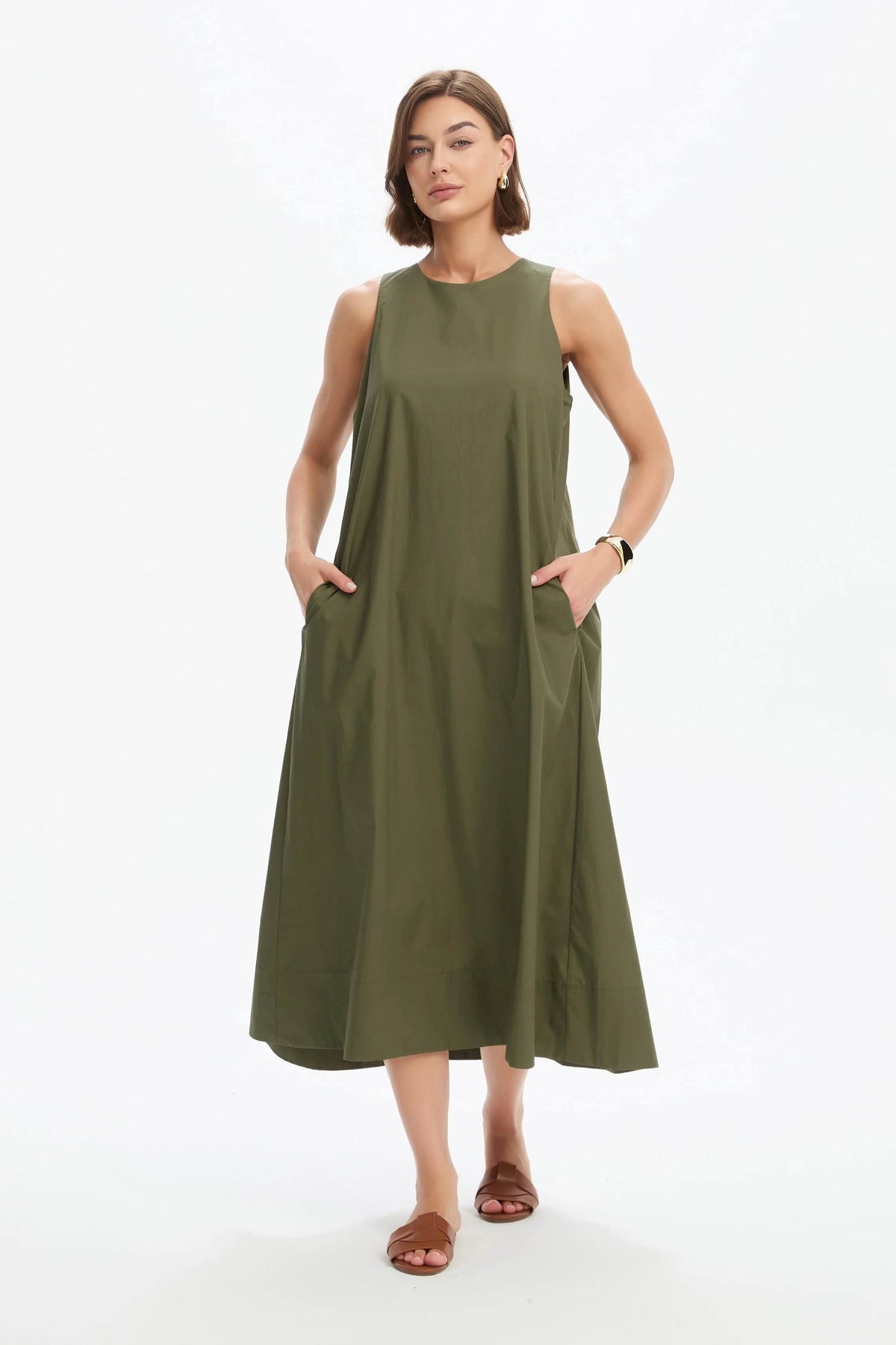 Elastic Detail A-Line Dress - Khaki