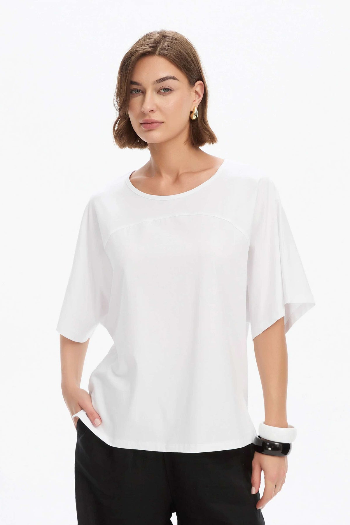 Wide Sleeve Yoke Tee - White