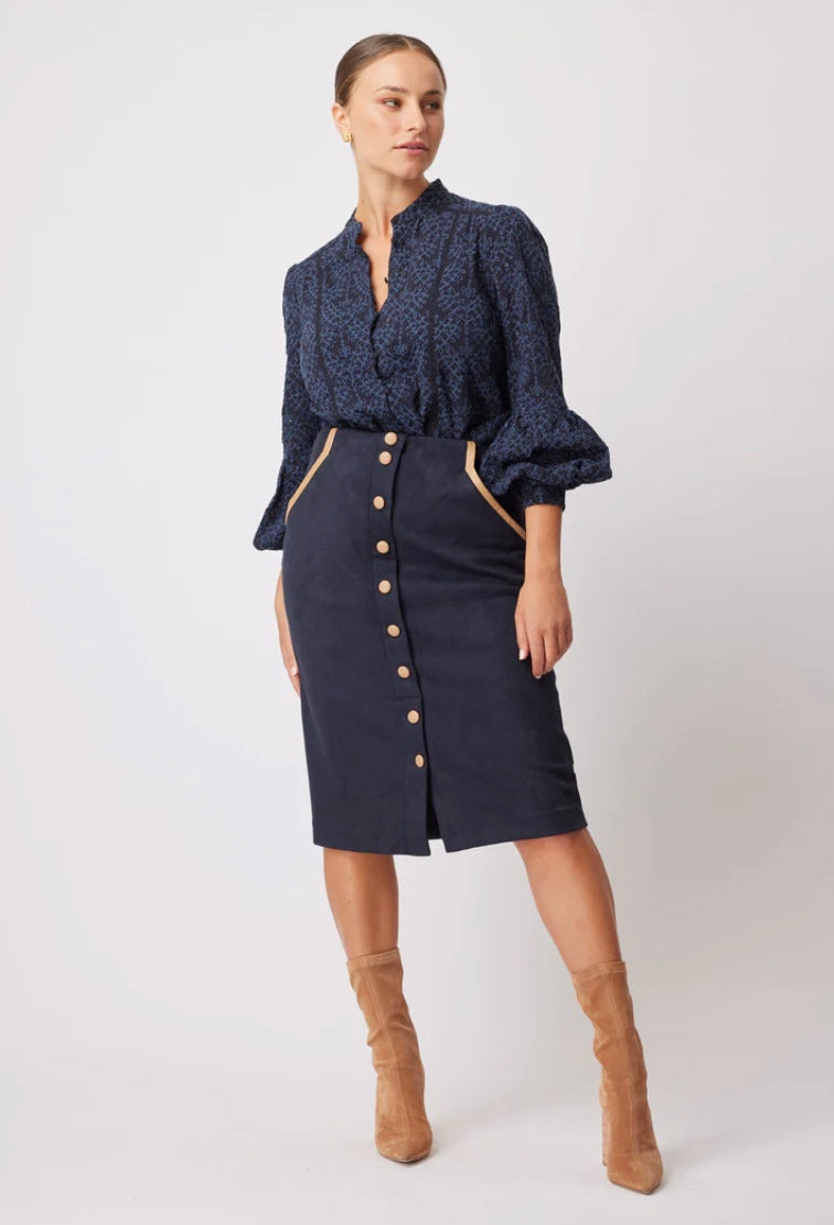Once Was Eddie Faux Suede Skirt in Navy/Husk