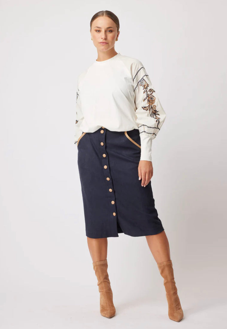 Once Was Eddie Faux Suede Skirt in Navy/Husk