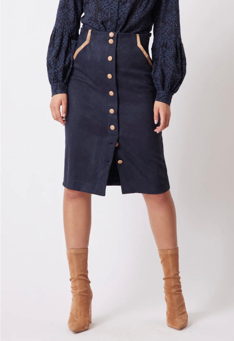 Once Was Eddie Faux Suede Skirt in Navy/Husk