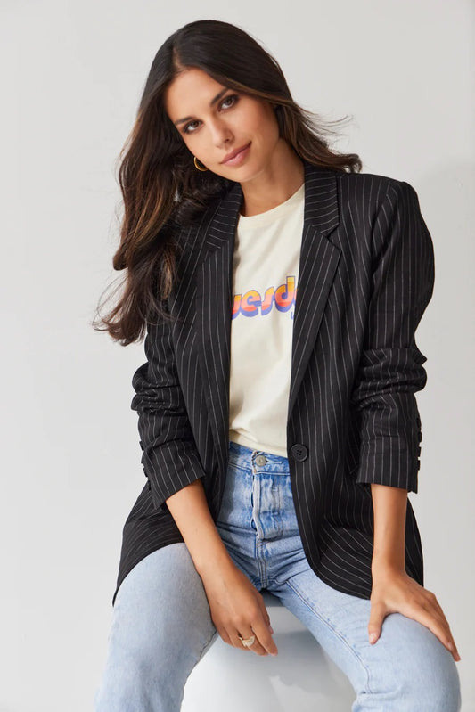 Boyfriend Blazer-Black Pinstripe