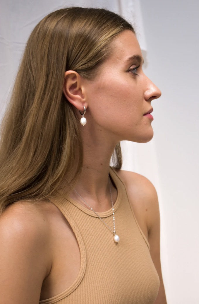Grace Pearl Huggie Earrings - Silver